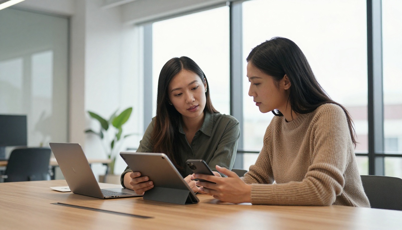 Two colleagues reviewing a tablet and a phone together at an office table Two colleagues reviewing a tablet and a phone together at an office table