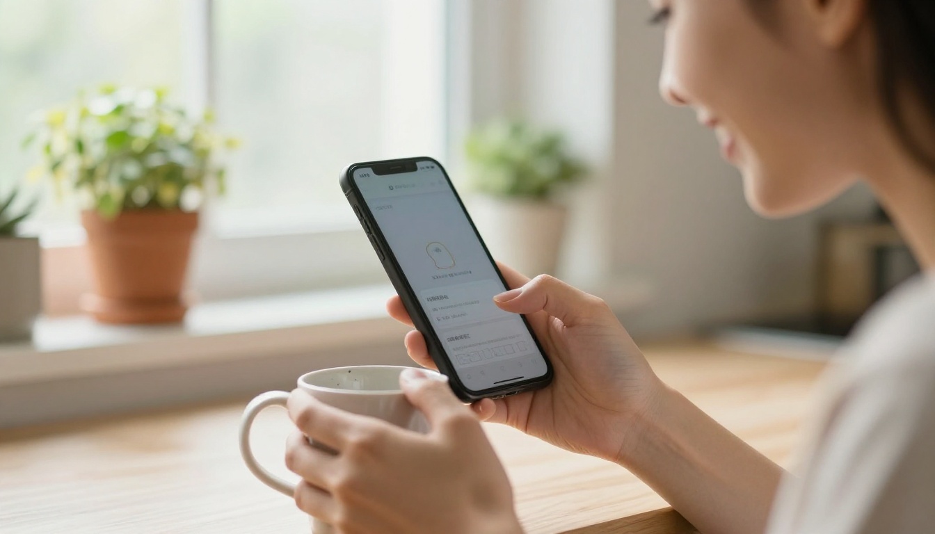 Smiling woman looking at a phone screen in a bright kitchen after solving a problem Smiling woman looking at a phone screen in a bright kitchen after solving a problem