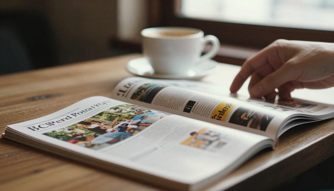 Hands turning the pages of a printed magazine at a cafe table