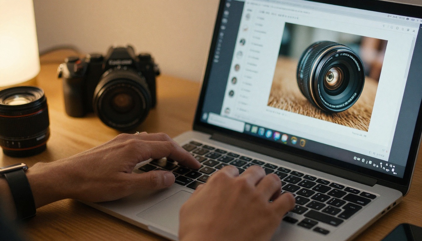Photographer's hands on a laptop with portfolio