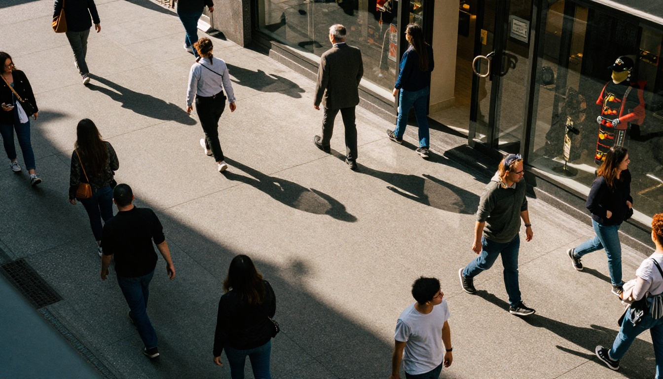 Aerial view of pedestrians passing a storefront window display