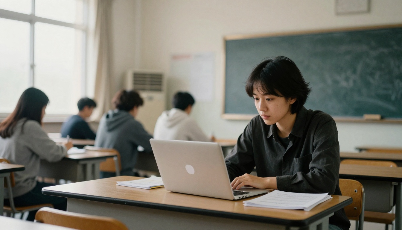 Teacher with course materials at a desk
