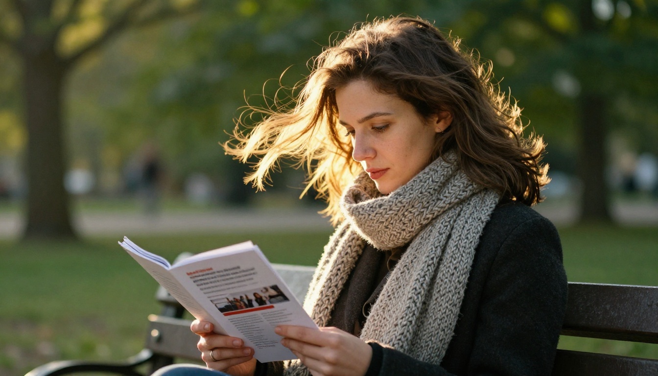 Woman reading a brochure on a park bench at golden hour