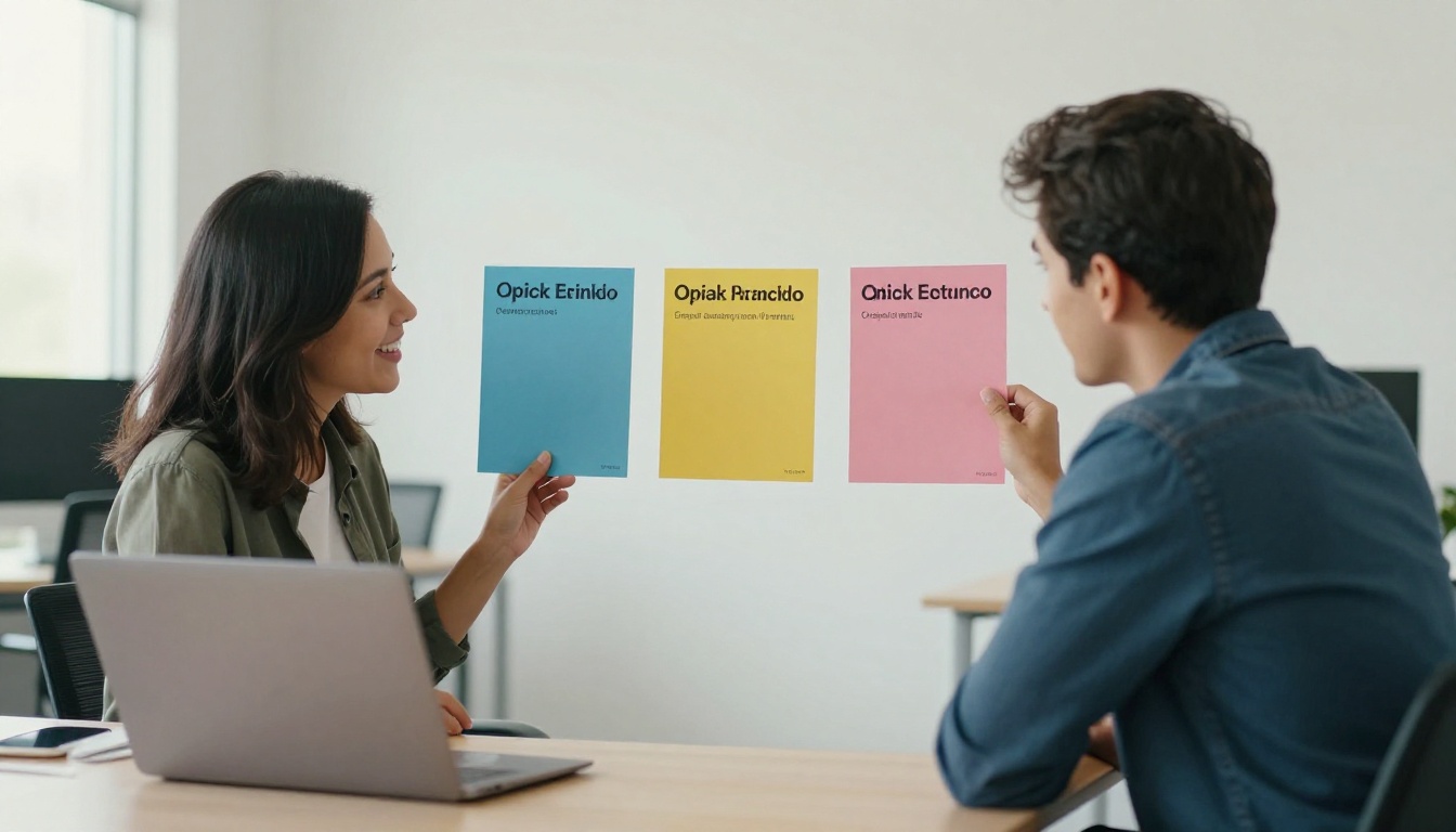 Two colleagues comparing three printed options
