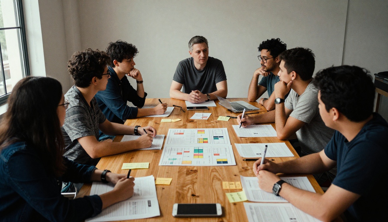 Team meeting around a table with printed charts