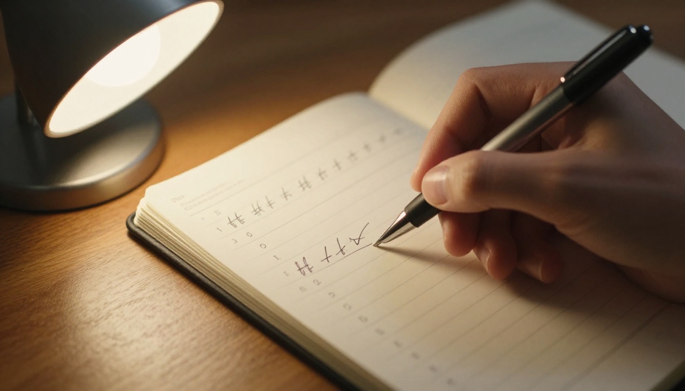 Hand writing tally marks and numbers in a notebook