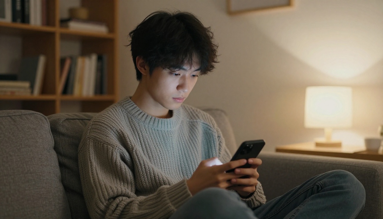 Person scrolling a smartphone on a sofa in the evening
