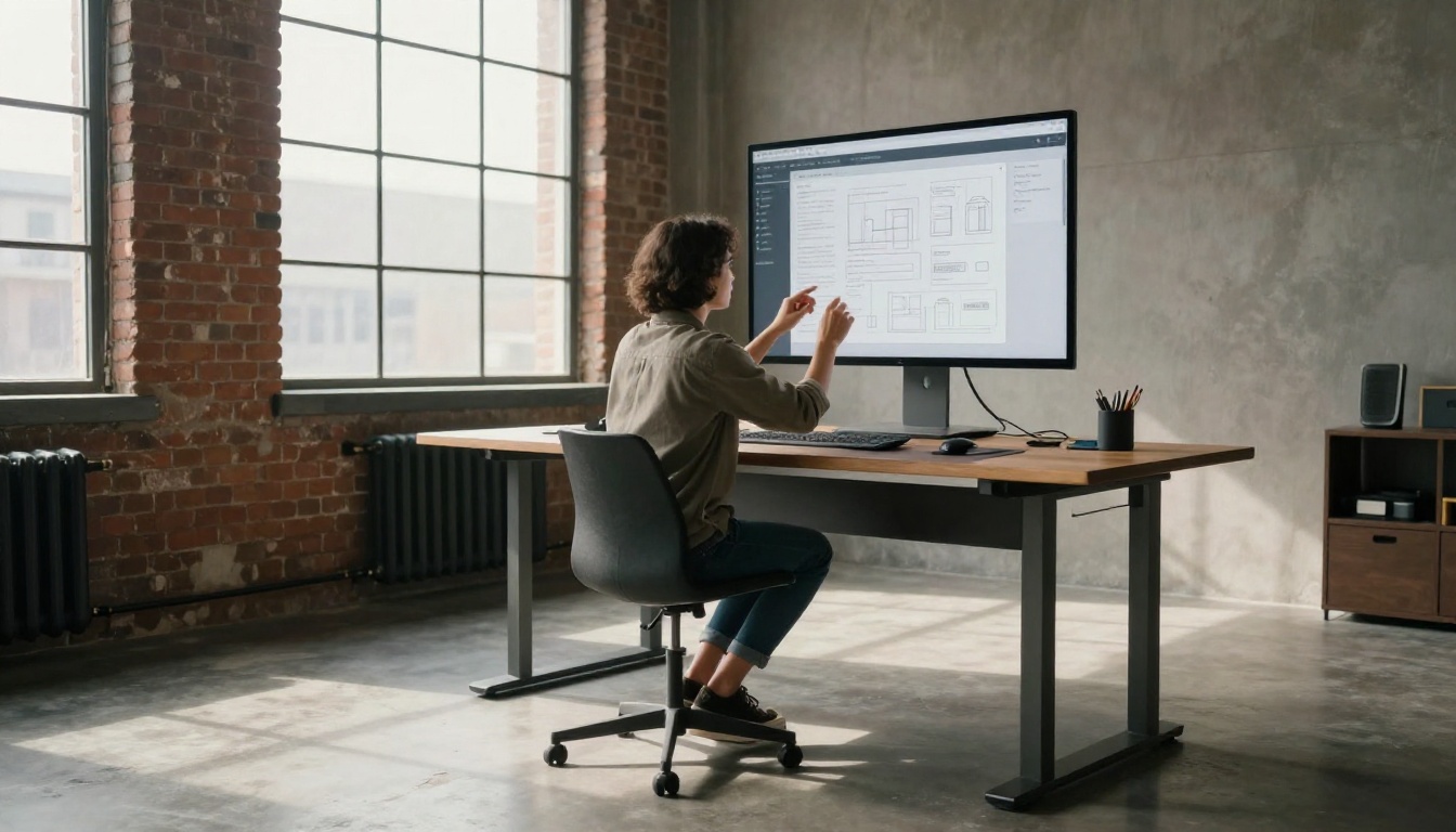 Designer adjusting a layout on a large monitor in a loft studio