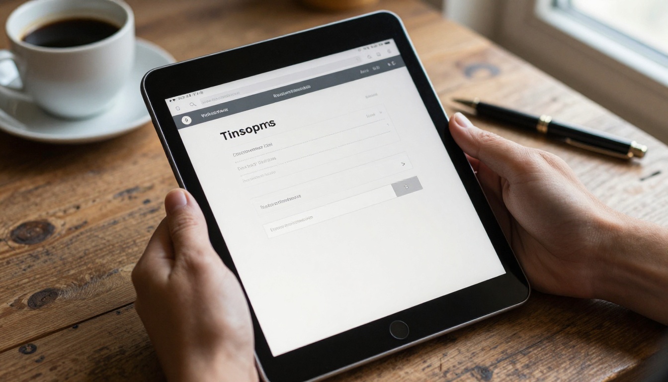 Hands holding a tablet showing the first page of a digital catalog with a sign-up form