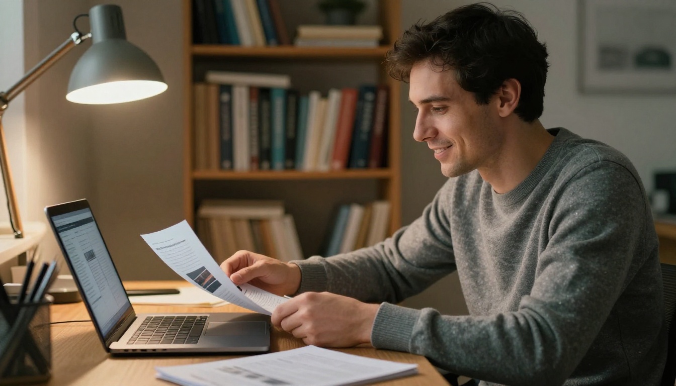 A man in a gray sweater reaching the final page of a digital brochure on a laptop