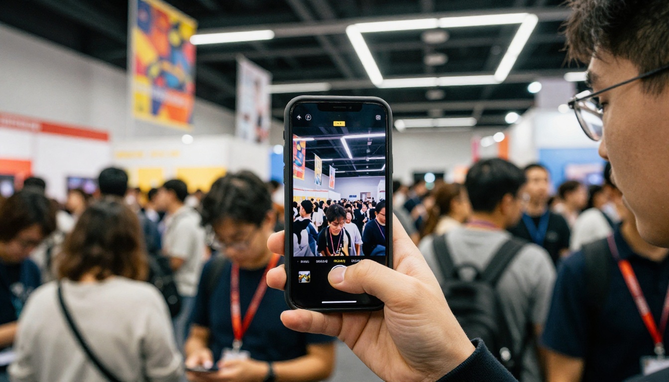 Crowded exhibition hall where a phone shows no signal Crowded exhibition hall where a phone shows no signal