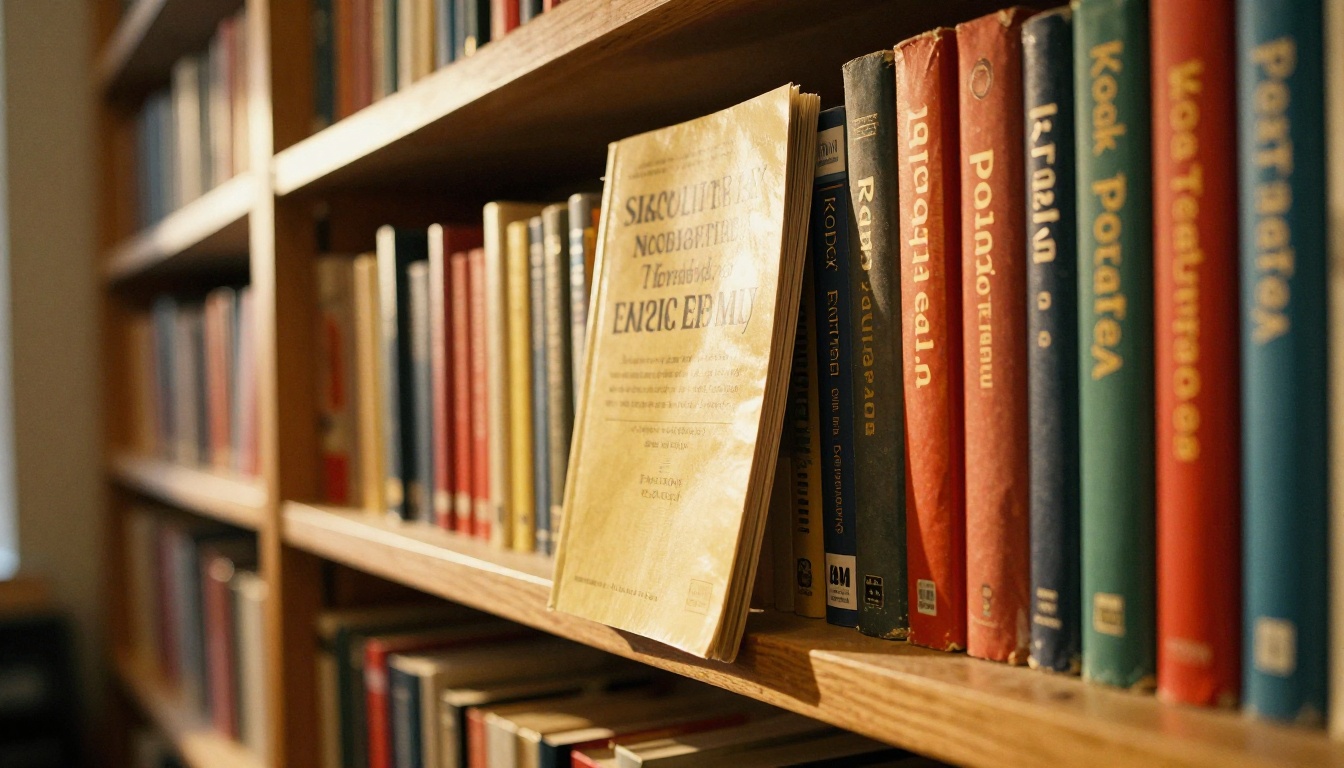 Library shelf with one book slightly pulled out Library shelf with one book slightly pulled out