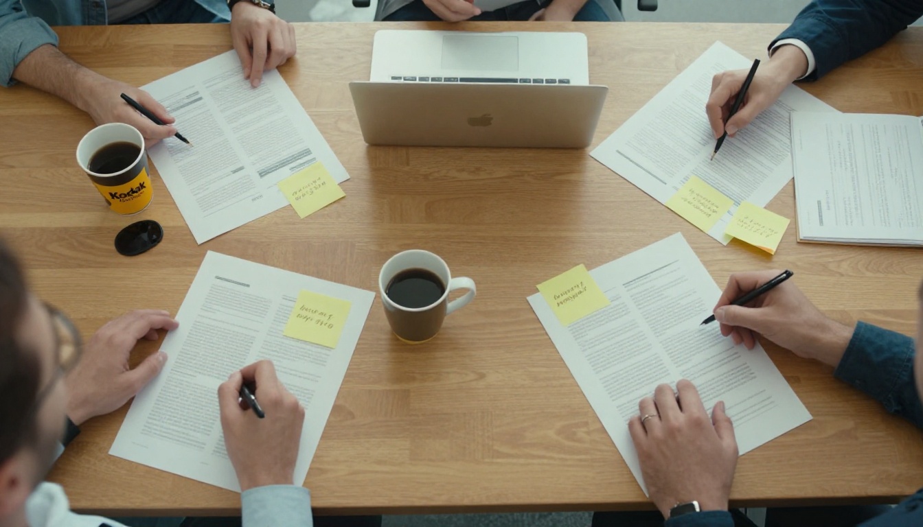 Two marketers comparing printed page layout mockups from above on a conference table