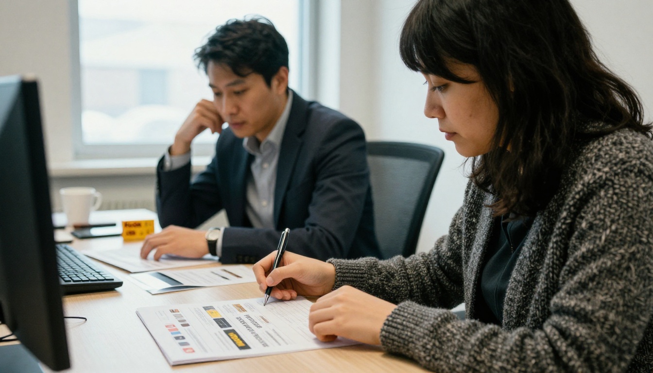 Two colleagues reviewing a printed brochure together Two colleagues reviewing a printed brochure together