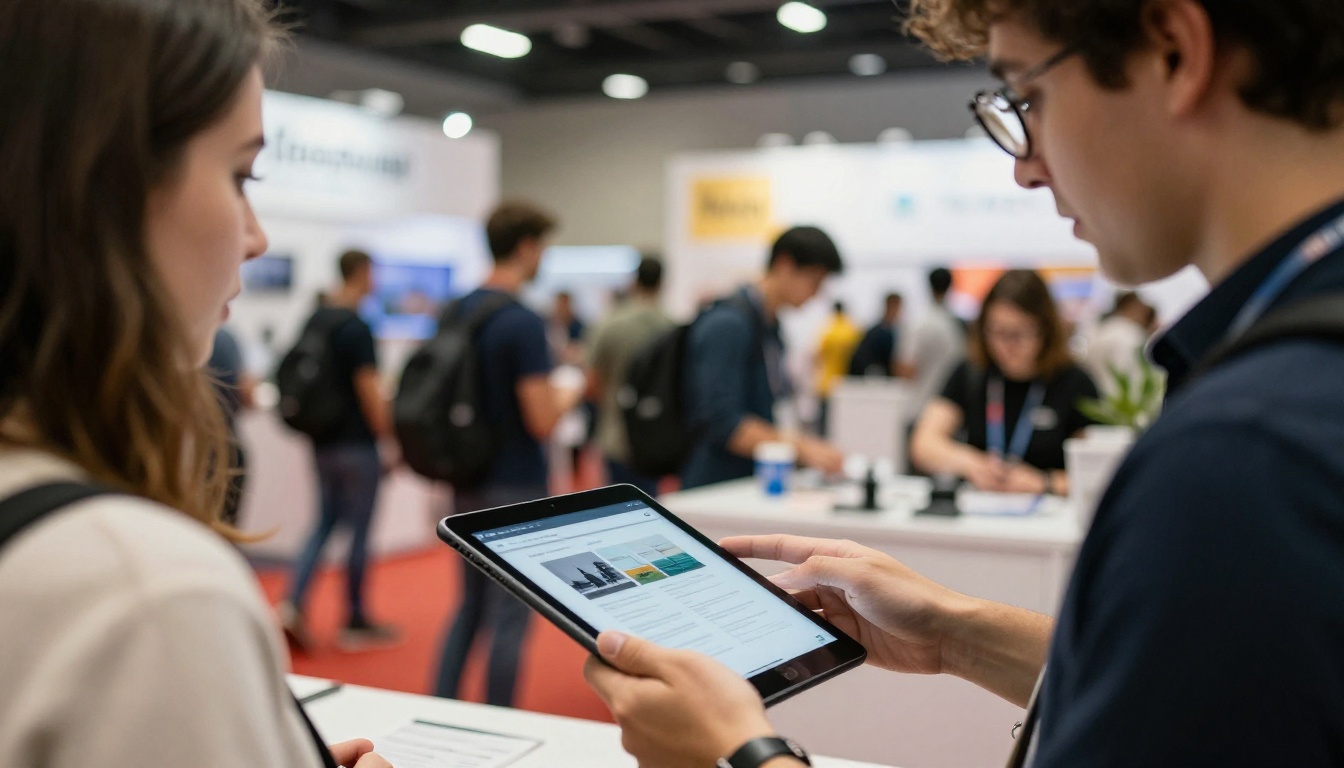 A sales representative at a trade show booth handing a tablet showing an interactive catalog to a visitor