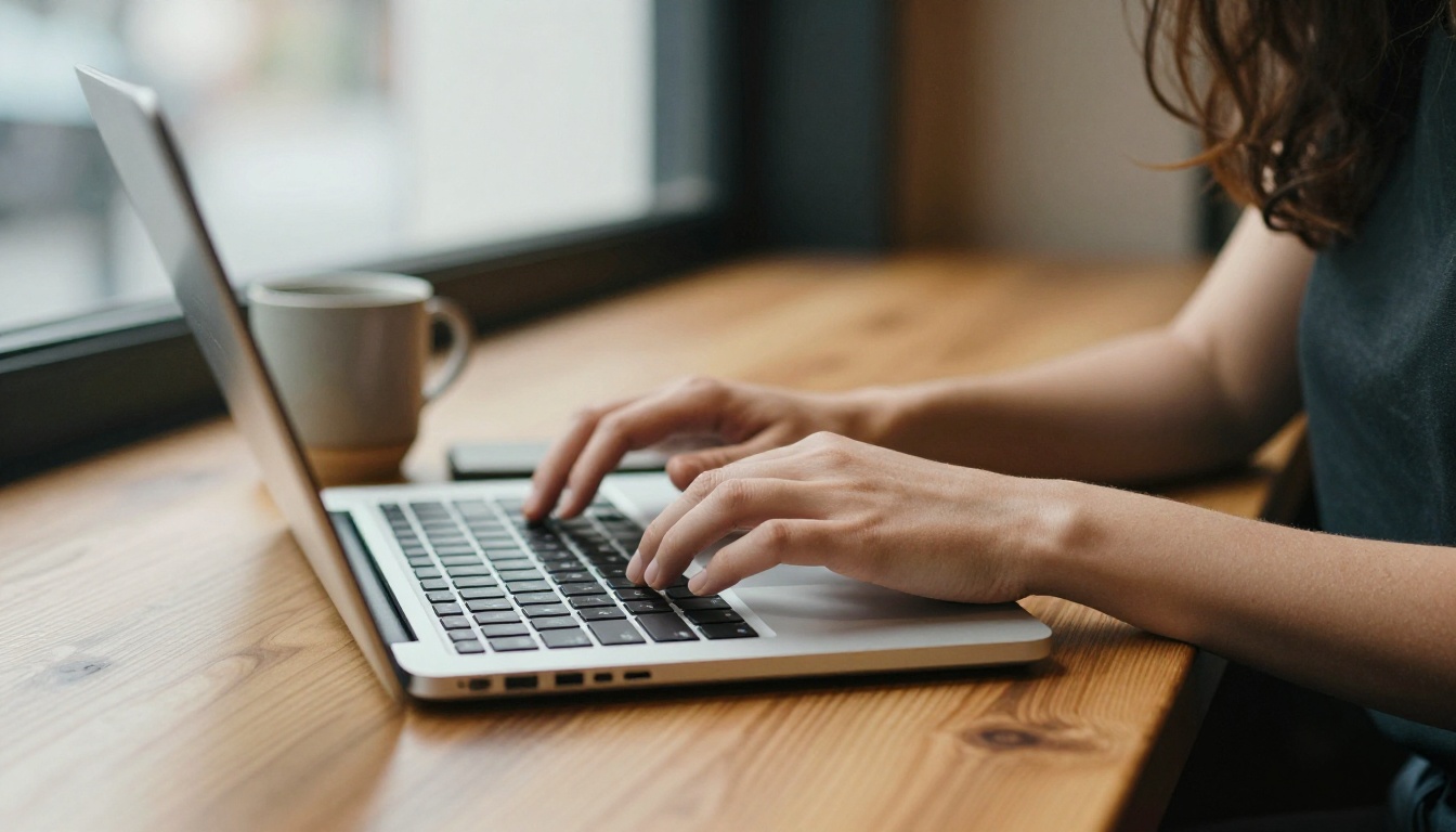 Woman typing on a laptop in a quiet cafe Woman typing on a laptop in a quiet cafe