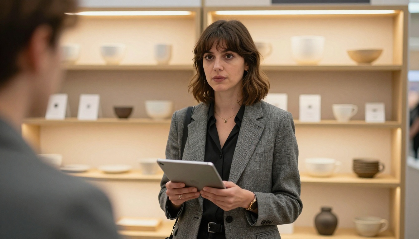 Woman in a gray blazer showing a tablet to two buyers at a booth Woman in a gray blazer showing a tablet to two buyers at a booth