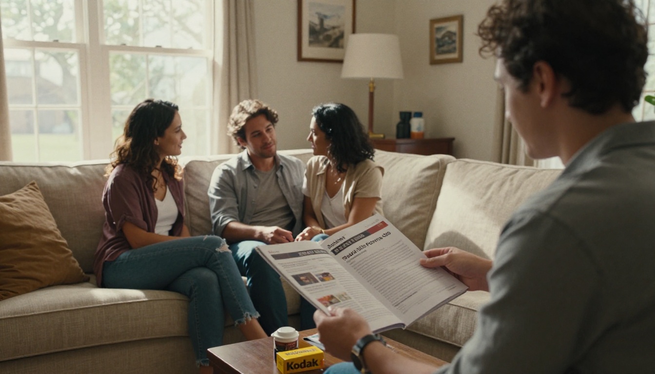 Real estate agent handing a brochure to a couple Real estate agent handing a brochure to a couple