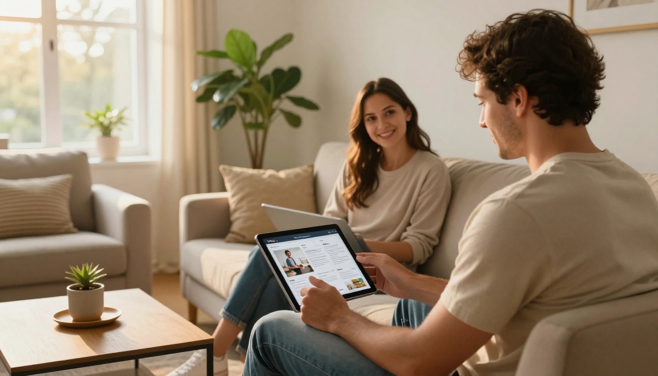 A real estate agent showing a couple a digital property brochure on a tablet in a bright living room