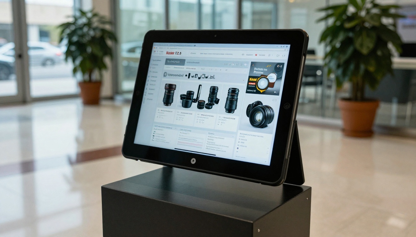 Tablet on a stand in a conference lobby showing a product catalog Tablet on a stand in a conference lobby showing a product catalog