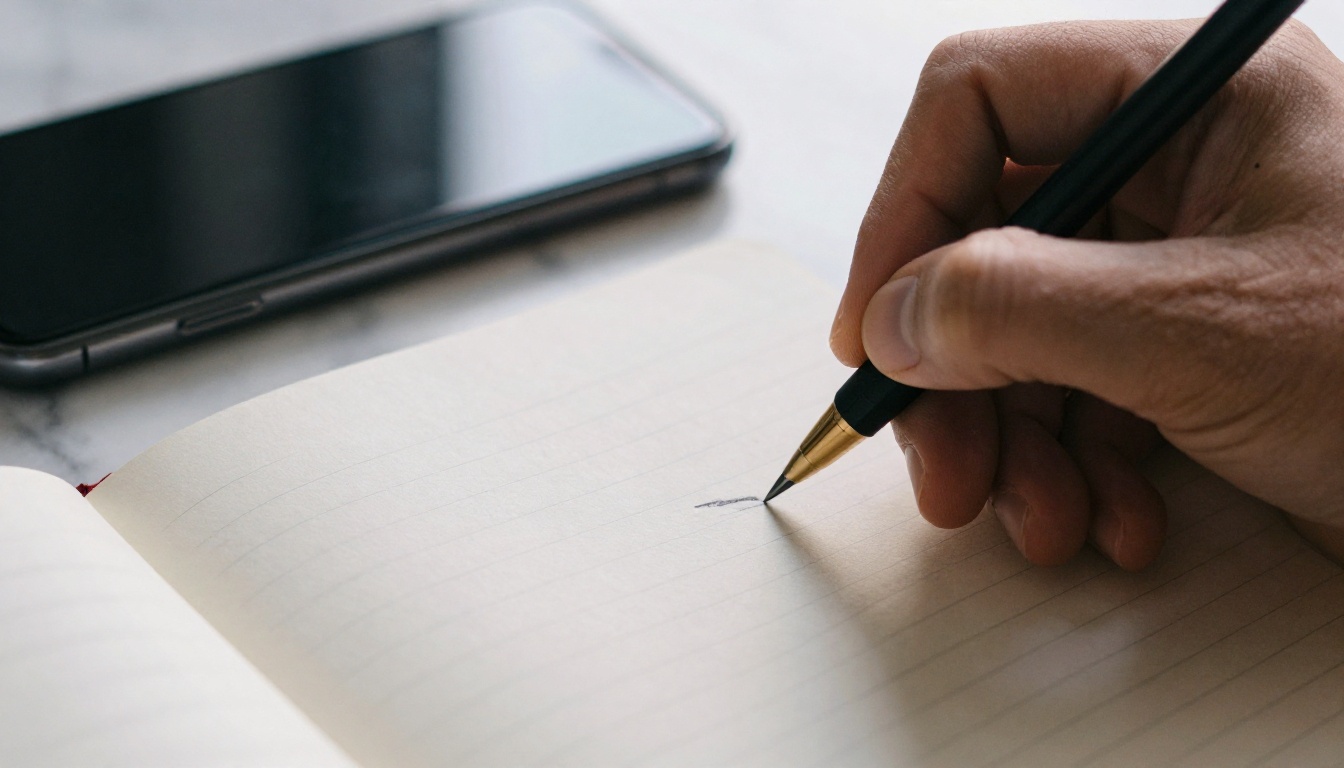 Hand writing notes next to a phone Hand writing notes next to a phone