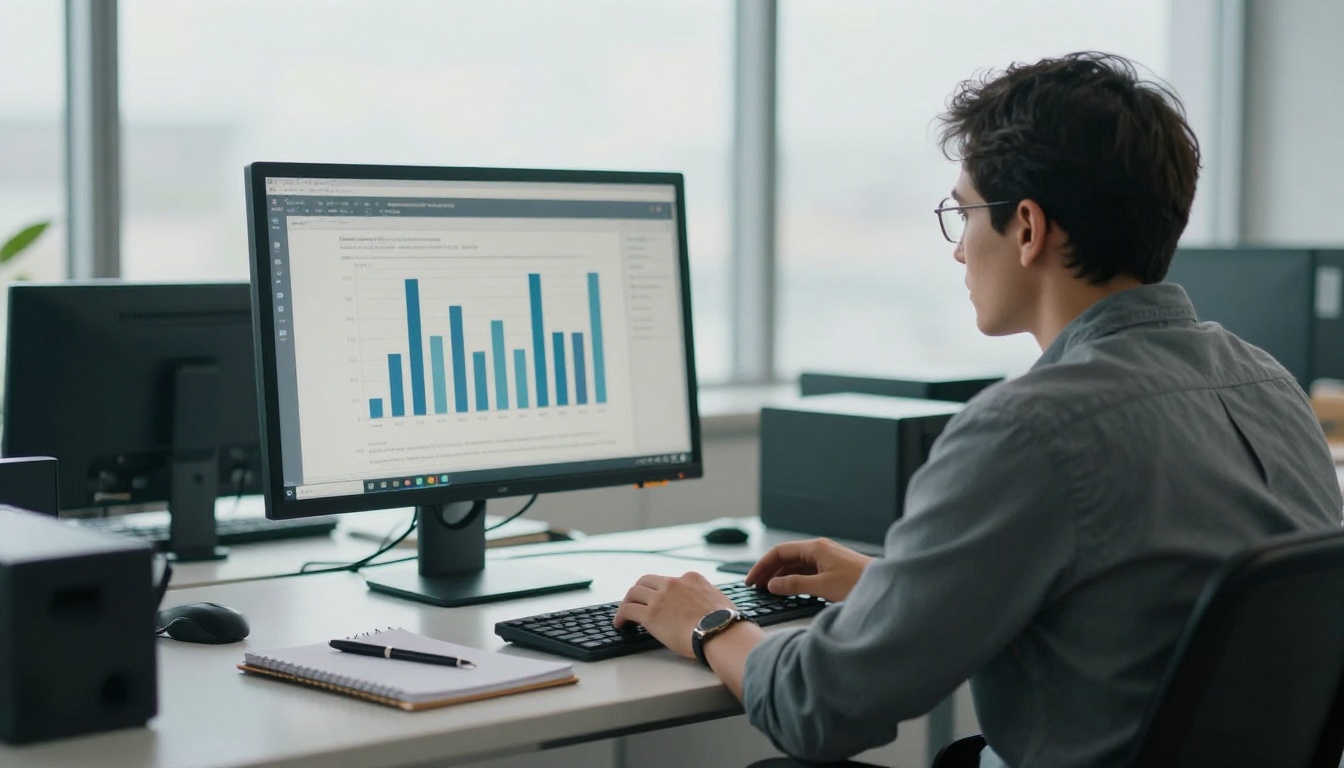 An analyst at a standing desk reviewing bar charts of reader activity on a monitor