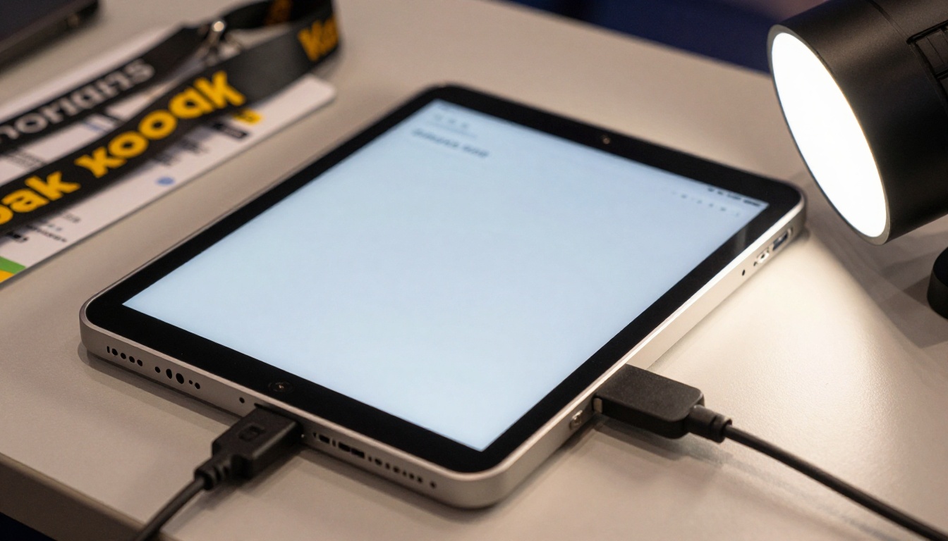 Tablet connected to a portable power bank on a booth table Tablet connected to a portable power bank on a booth table