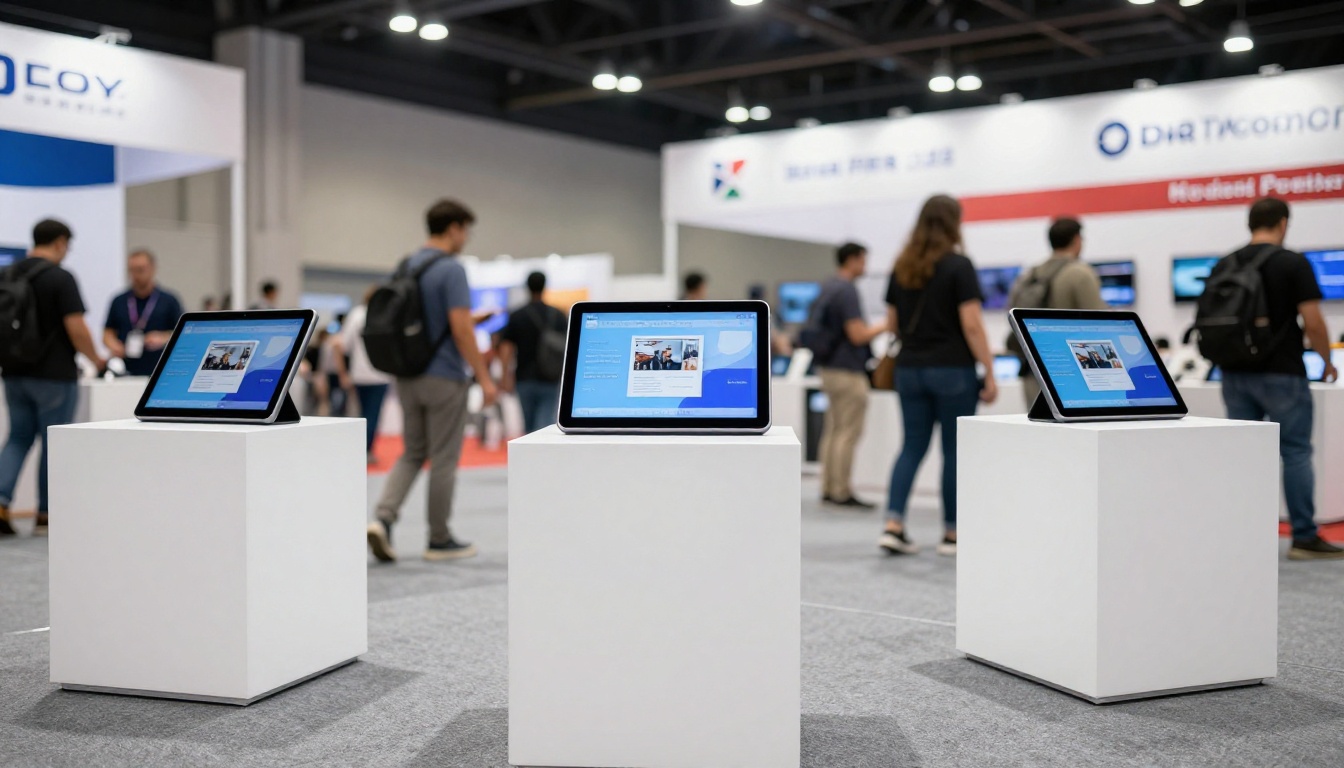 An iPad kiosk stand at a trade show booth