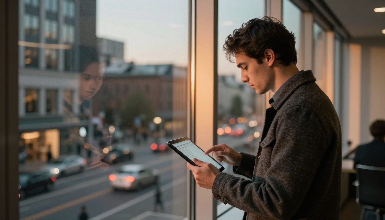 Man at an office window with a tablet Man at an office window with a tablet