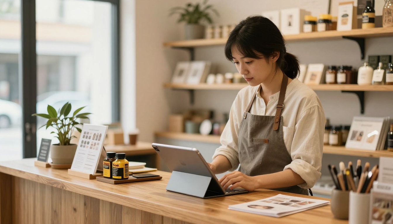 A small business owner at a boutique counter with a tablet showing a lookbook flipbook