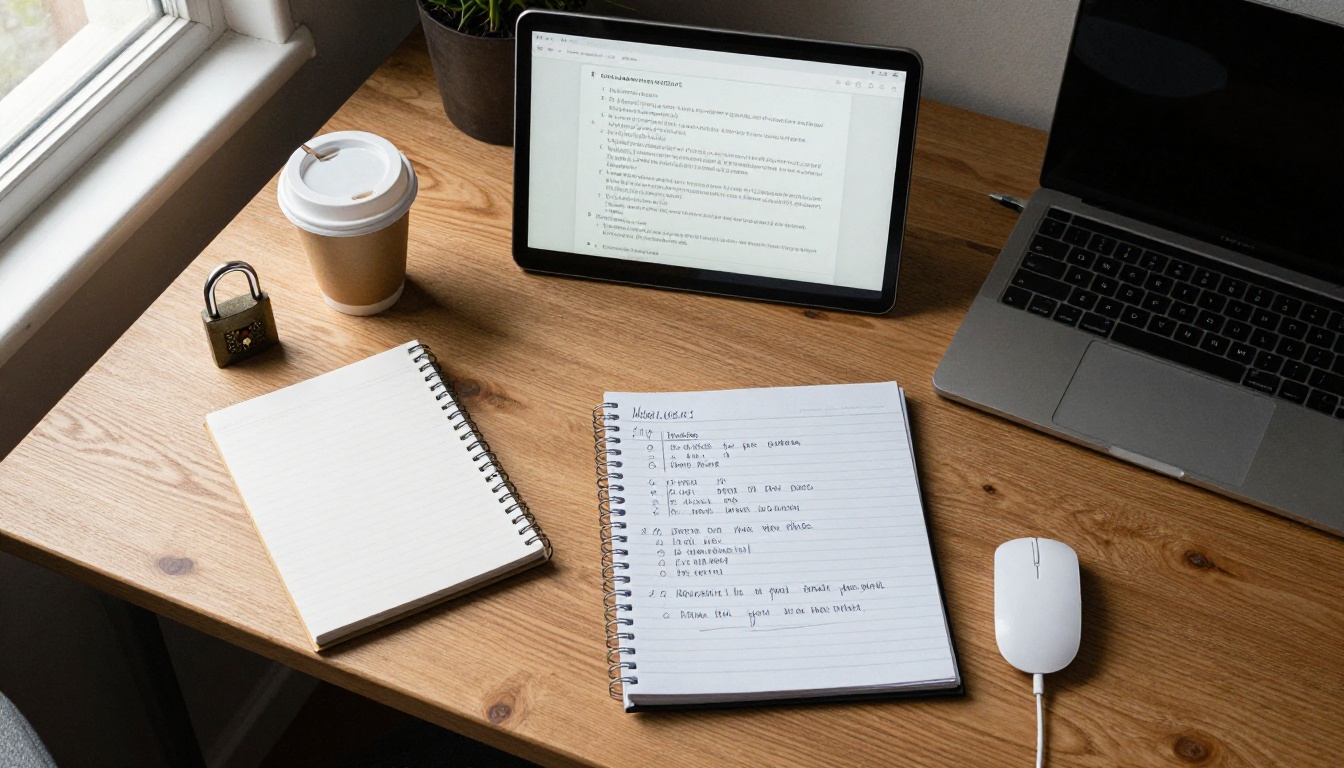 A desk layout with an iPad, laptop, and a checklist