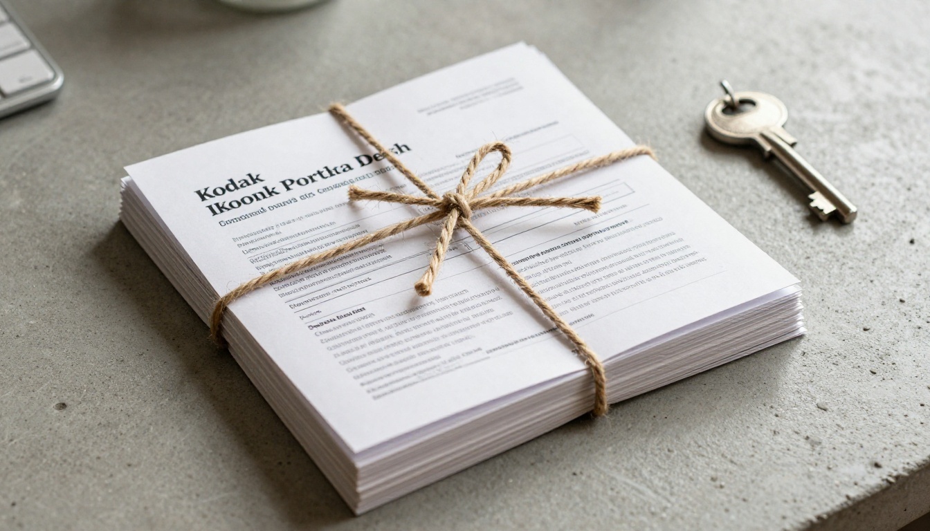 Stack of reports tied with twine next to a small key Stack of reports tied with twine next to a small key