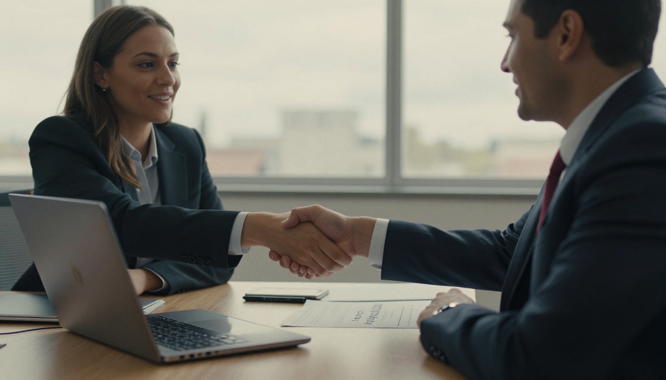 Two colleagues shaking hands across a desk with a thank-you email open on a laptop