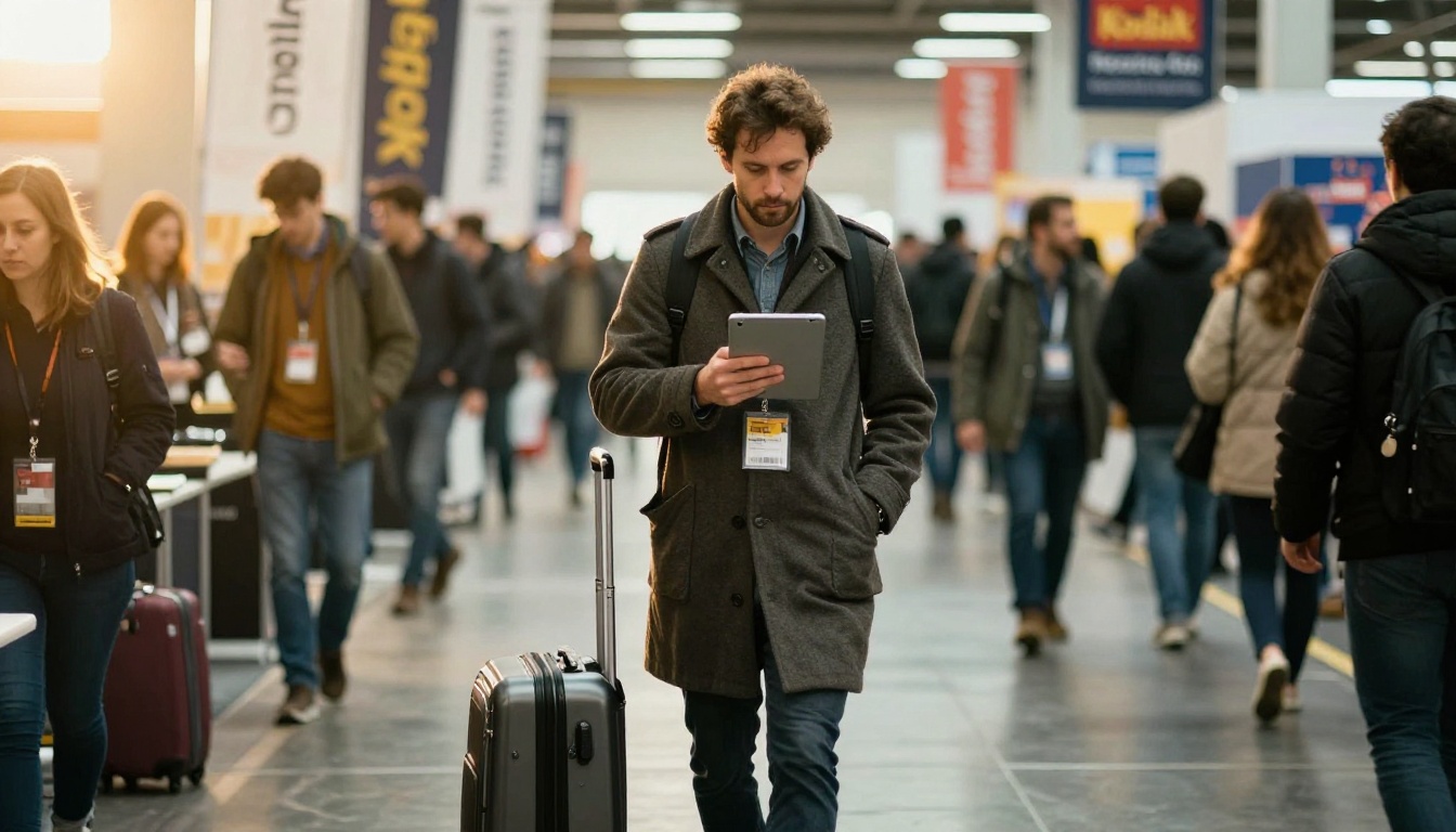 Sales rep walking through an expo aisle with a tablet Sales rep walking through an expo aisle with a tablet