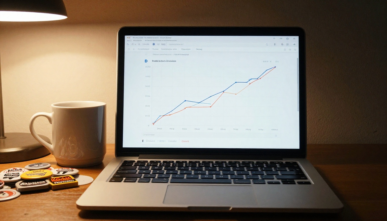 Laptop on a desk showing an analytics dashboard after an event Laptop on a desk showing an analytics dashboard after an event