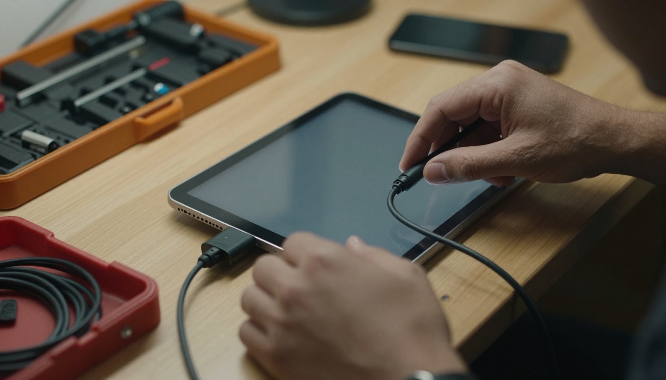 Hands checking an iPad cable inside a kiosk stand