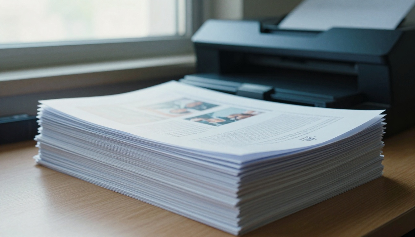 Scanned paper documents stacked beside an open scanner