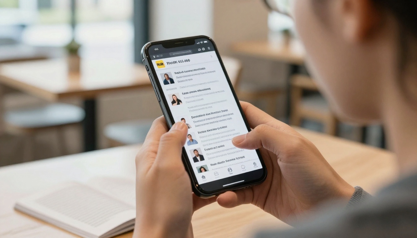 A person zooming into small text on a smartphone in a cafe