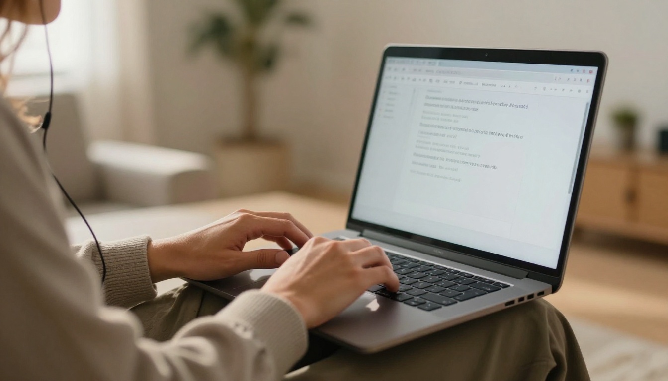 A person using a laptop with headphones in a bright living room