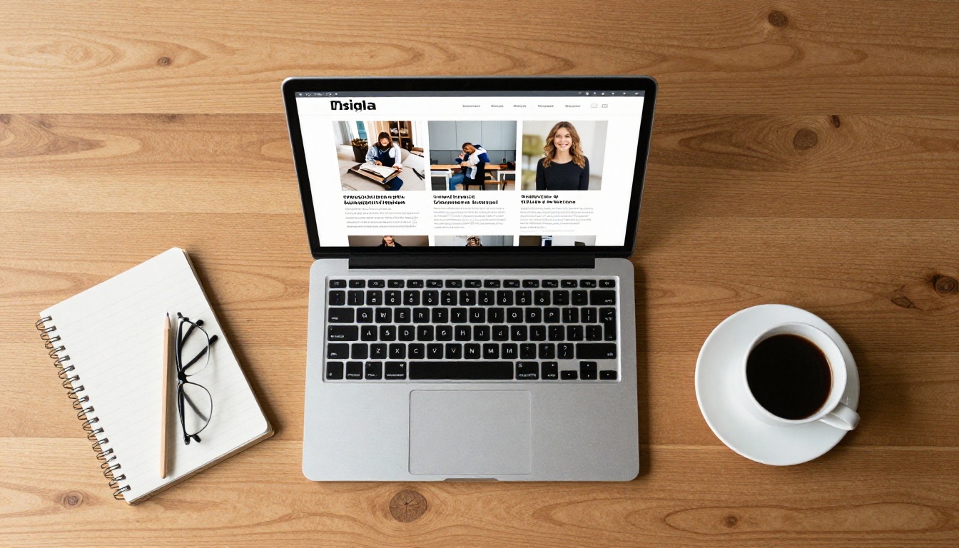 Aerial view of a desk with a laptop showing a digital magazine next to a wireless keyboard Aerial view of a desk with a laptop showing a digital magazine next to a wireless keyboard