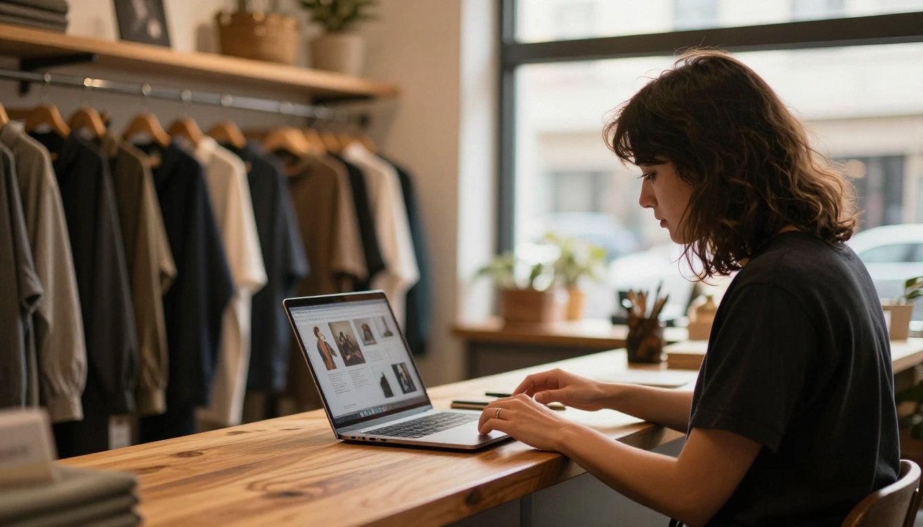 A boutique owner reviewing a digital lookbook at the counter