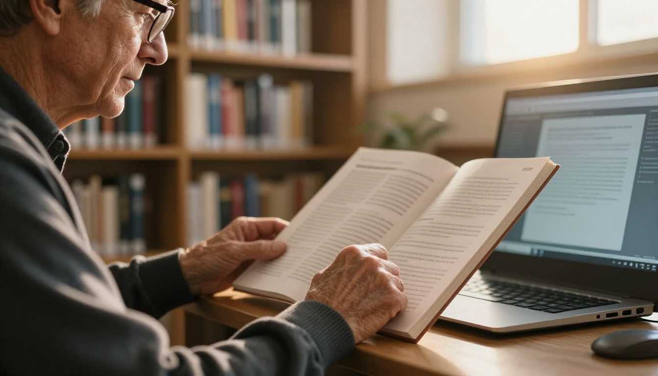 Older man with glasses reading a digital brochure on a desktop monitor with his hand on the keyboard Older man with glasses reading a digital brochure on a desktop monitor with his hand on the keyboard