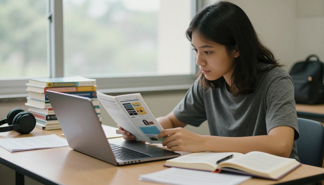 Student at a study table using a laptop to read an interactive course flipbook with textbooks beside it Student at a study table using a laptop to read an interactive course flipbook with textbooks beside it