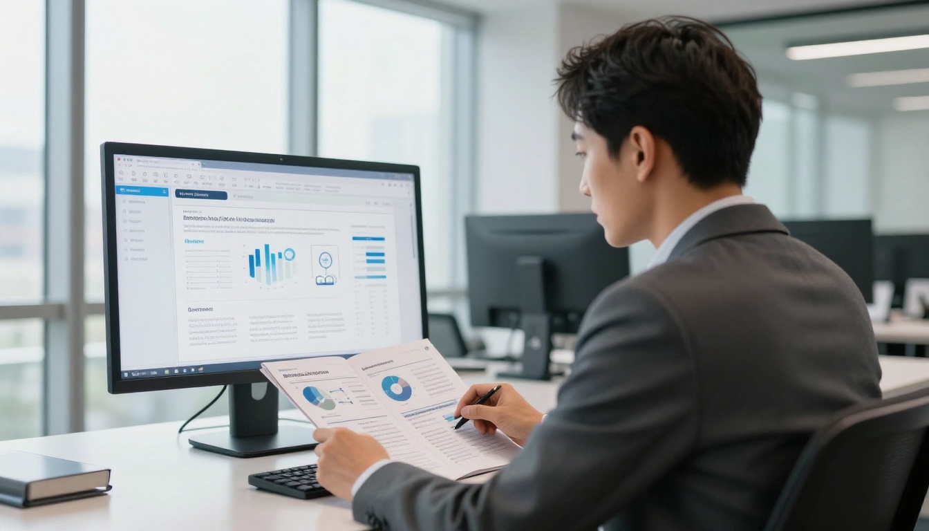 Business professional reviewing an annual report flipbook on a wide monitor with fingers on the keyboard Business professional reviewing an annual report flipbook on a wide monitor with fingers on the keyboard