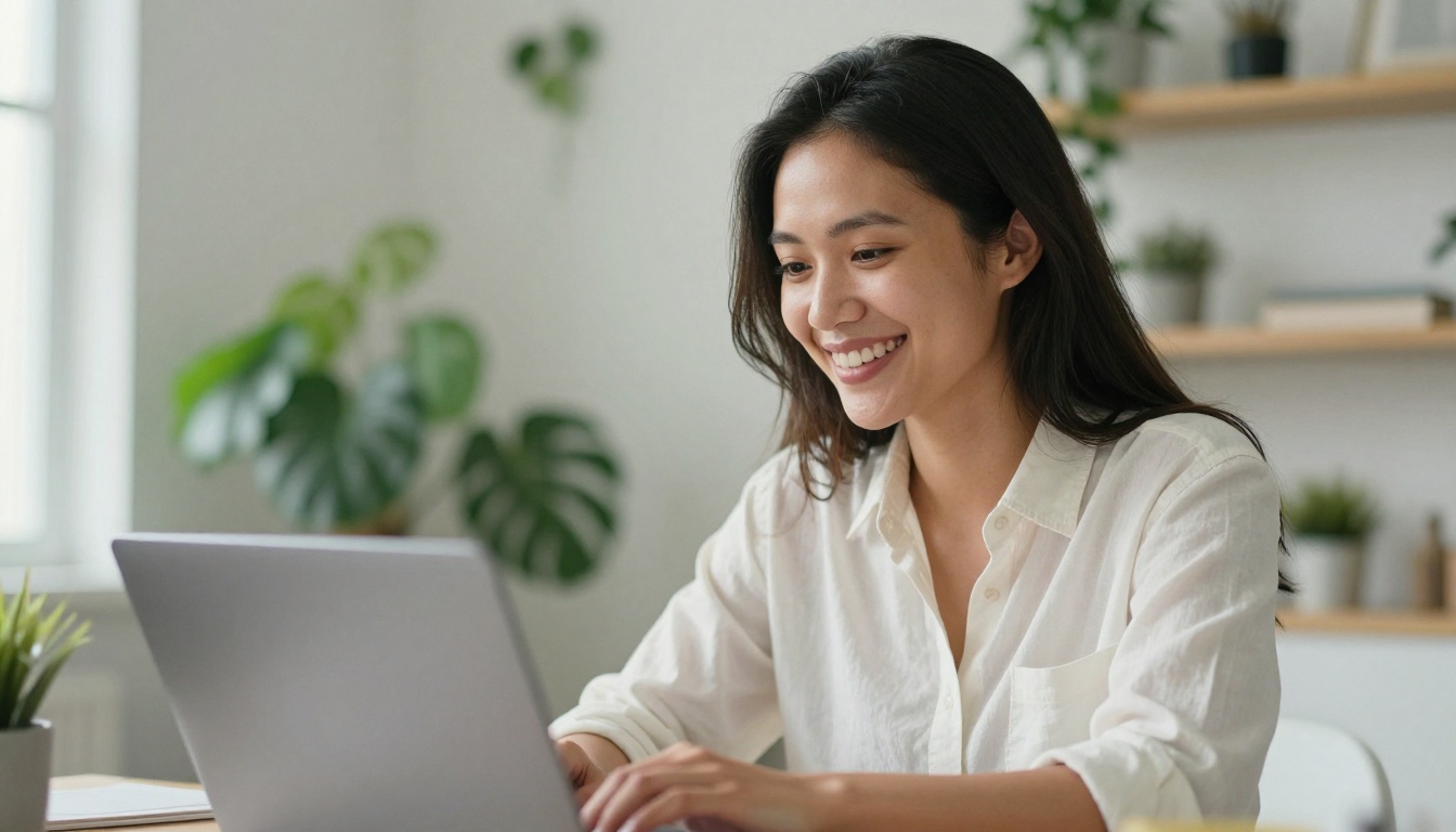 A content creator smiling at a laptop in a bright workspace