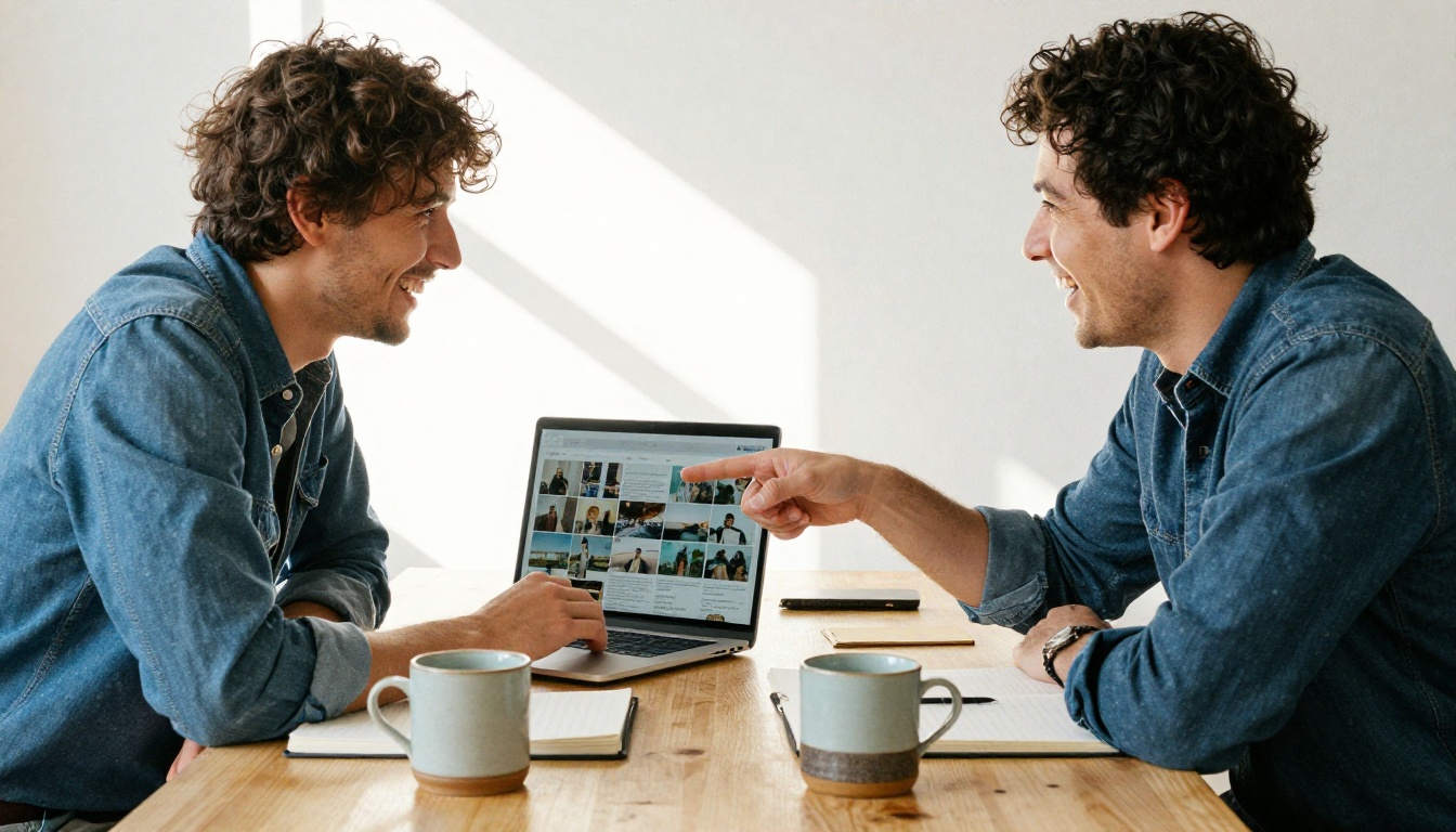 Two colleagues at a co-working table testing a flipbook on a laptop while one types Two colleagues at a co-working table testing a flipbook on a laptop while one types