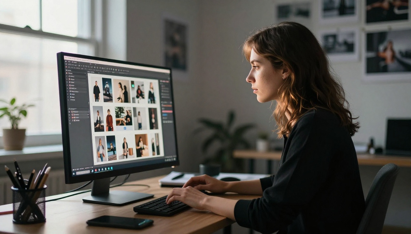 Designer at a standing desk viewing a photography portfolio flipbook on a wide monitor Designer at a standing desk viewing a photography portfolio flipbook on a wide monitor