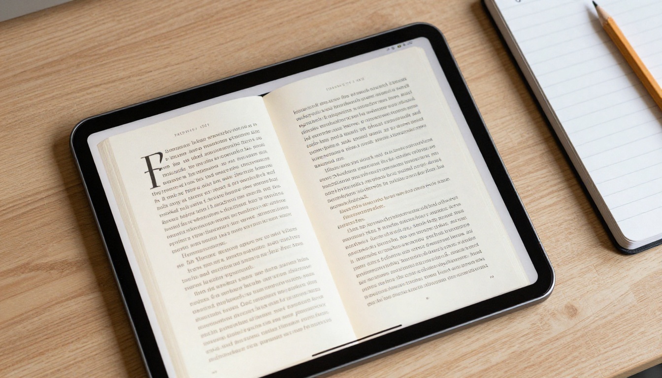 A tablet on a wooden desk showing large sans serif text with wide letter spacing A tablet on a wooden desk showing large sans serif text with wide letter spacing