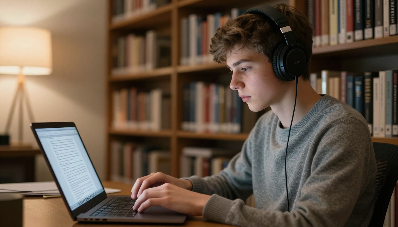A teenager reading a laptop screen with wide line spacing in a quiet library A teenager reading a laptop screen with wide line spacing in a quiet library