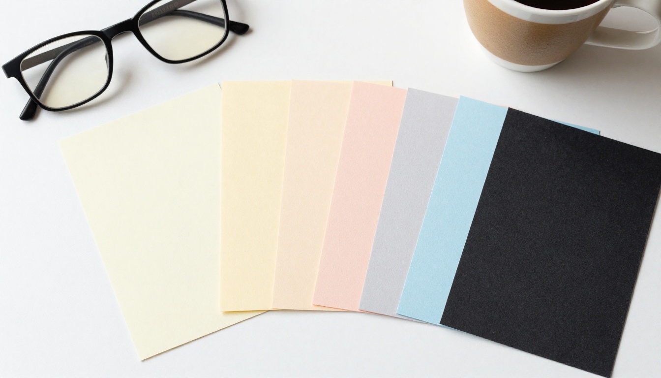 Flat lay of cream, yellow, peach and blue color swatches with dark text cards Flat lay of cream, yellow, peach and blue color swatches with dark text cards